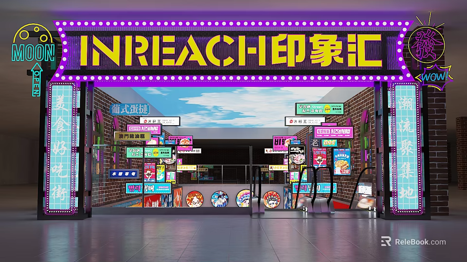 Vibrant Commercial Street Entrance With Neon Sign And Colorful Shop Signs 3d model 