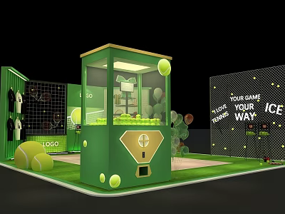Green Tennis Themed Photo Check in Spot With Branded Vending Machine And Decorations 3d model