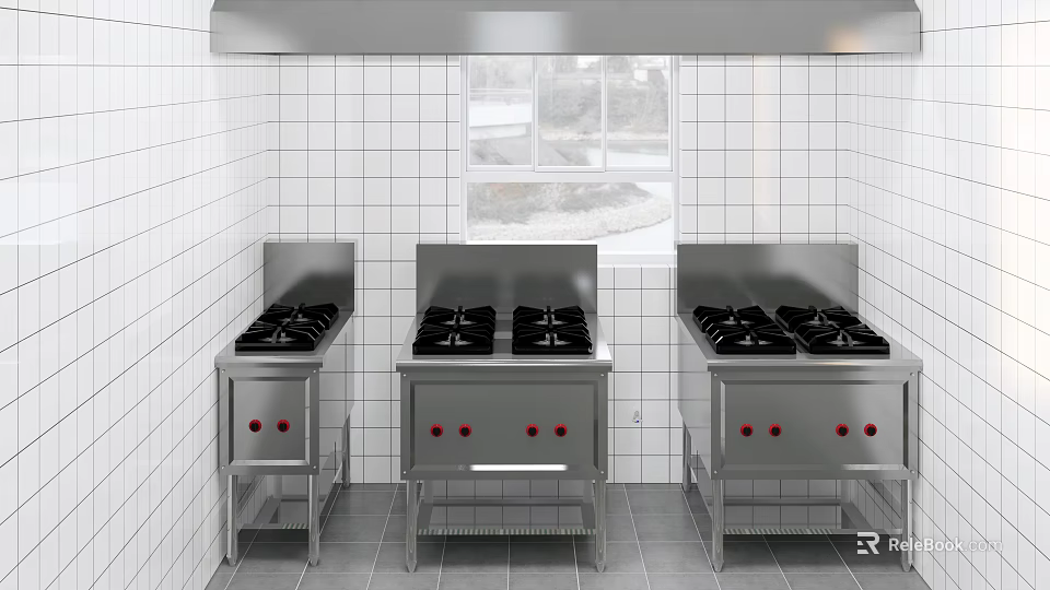 Commercial Kitchen Interior With Three Stainless Steel Stoves Multiple Burners Window And White Tiled Walls 3d model 