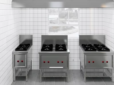 Commercial Kitchen Interior With Three Stainless Steel Stoves Multiple Burners Window And White Tiled Walls 3d model