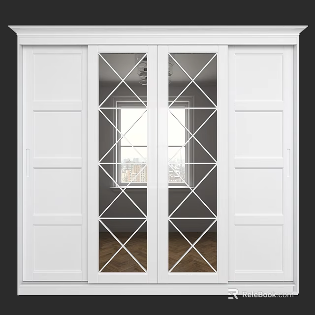 White Dresser With Sliding Doors Featuring Diamond Pattern And Window View 3d model 
