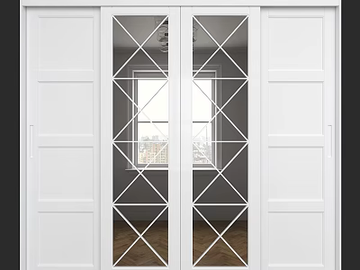 White Dresser With Sliding Doors Featuring Diamond Pattern And Window View 3d model