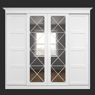 White Dresser With Sliding Doors Featuring Diamond Pattern And Window View 3d model
