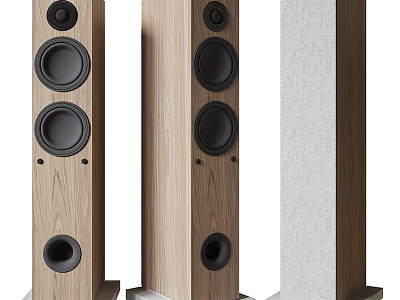 Modern Floor Standing Audio Speakers with Wooden Cabinet and Gray Fabric Front Panel Design 3d model