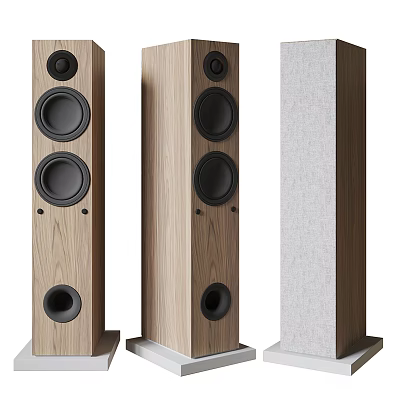 Modern Floor Standing Audio Speakers with Wooden Cabinet and Gray Fabric Front Panel Design 3d model