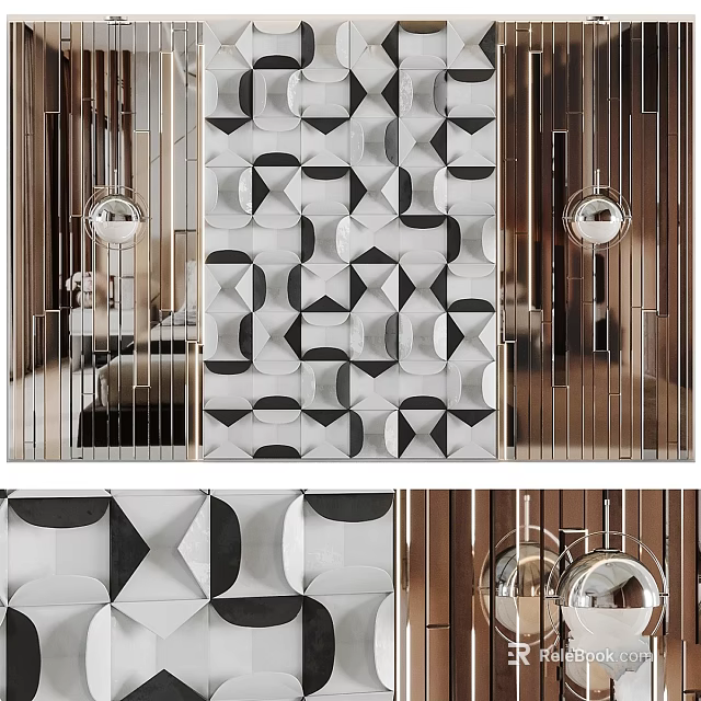Modern Geometric Decorative Wall Design With Black White Patterns And Metal Strips 3d model 