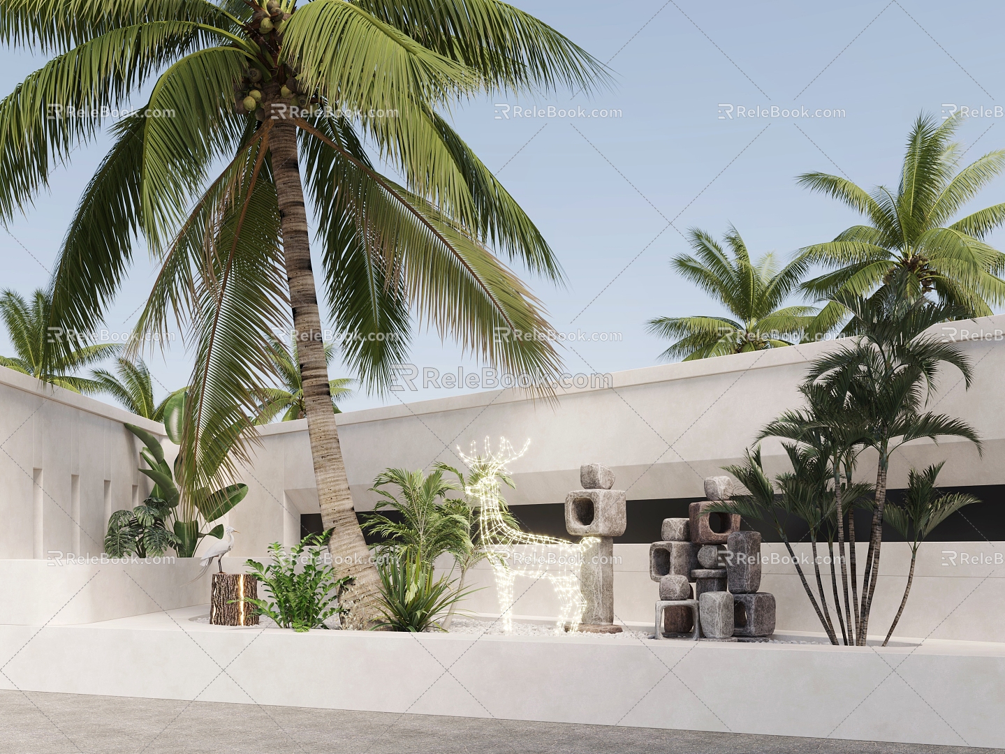 Modern coconut tree landscape landscaping courtyard sketch courtyard landscape green plants 3d model