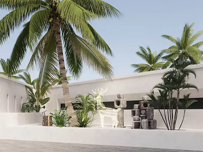 Tropical Arbor Garden With Palm Trees White Walls And Decorative Stones 3d model