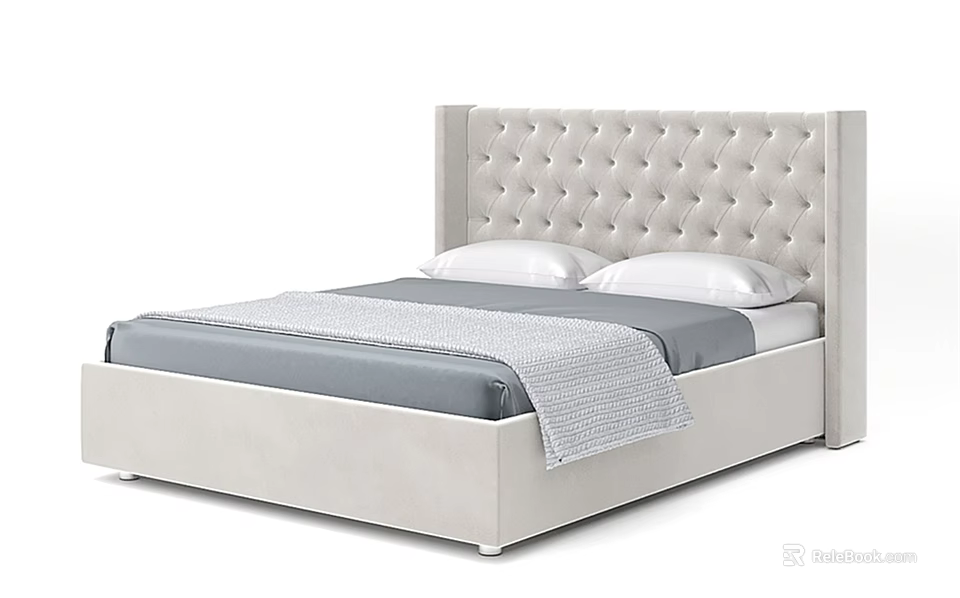 Luxurious Tufted Headboard Double Bed With Gray Bedding And White Frame 3d model 