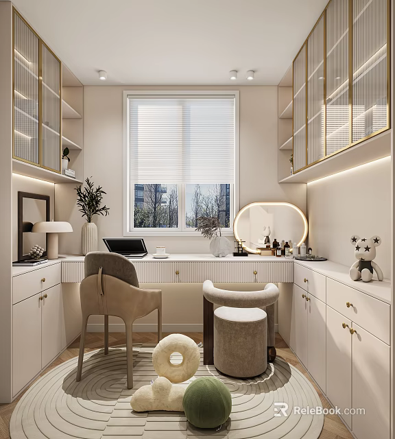 Modern Study Room With Desks Chairs Glass Cabinets And Window 3d model