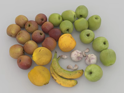 Assorted Fresh Fruits Collection With Apples Bananas Lemons And Green Apples 3d model