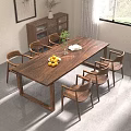 Modern Solid Wood Dining Table With Six Chairs Fruit Bowl Green Plant And White Napkin