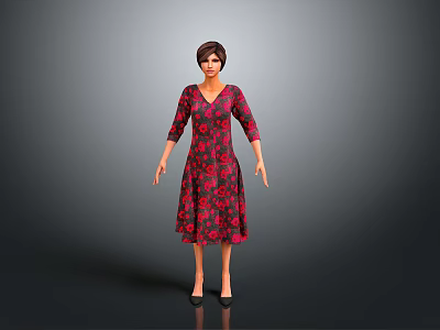 Woman in Red Floral V neck Mid sleeve Dress Standing on Gray Background 3d model
