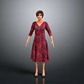 Woman in Red Floral V neck Mid sleeve Dress Standing on Gray Background
