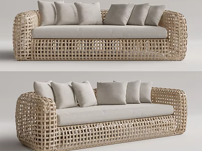 Outdoor Rattan Sofa With Sleek Natural Woven Design And Gray Cushions 3d model