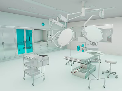 Modern Operating Room With Surgical Lights Operating Table And Medical Cart 3d model