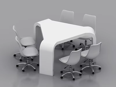 Modern Casual Area With White Curved Table And Six Rolling Chairs 3d model