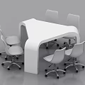 Modern Casual Area With White Curved Table And Six Rolling Chairs