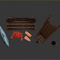 Rustic Outdoor Decor With Wooden Bench Wheelbarrow Lobster Fish And Bucket