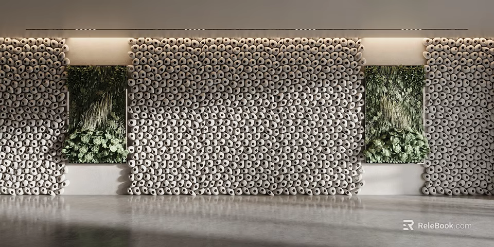 Modern Interior Background Wall With Intricate Circular Patterns And Green Plants 3d model 
