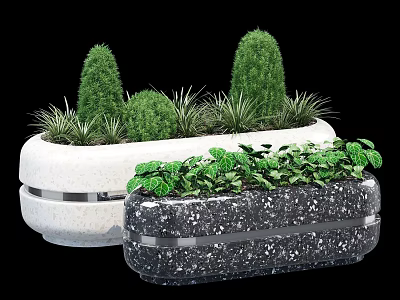 White And Black Roadside Planters With Green Shrubs And Decorative Plants For Urban Streets 3d model