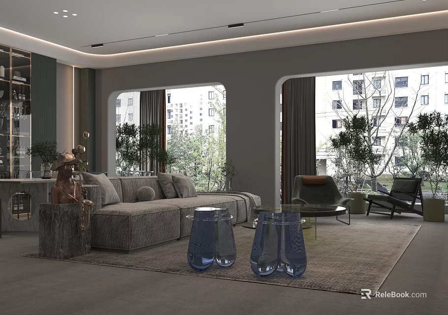 Modern Living Dining Room Interior Design With Large Windows Sofa And Decorative Plants 3d model 