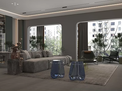 Modern Living Dining Room Interior Design With Large Windows Sofa And Decorative Plants 3d model