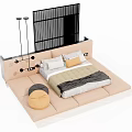 Modern Double Bed with Black Lattice Headboard White Yellow Pillows Floor Lamps and Padded Stool
