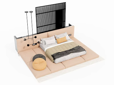 Modern Double Bed with Black Lattice Headboard White Yellow Pillows Floor Lamps and Padded Stool 3d model