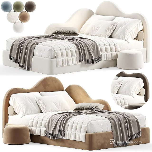 Modern Kids Bed With Soft Upholstered Headboard Cozy Bedding Plush Pillows And Footstool 3d model 