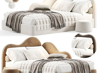 Modern Kids Bed With Soft Upholstered Headboard Cozy Bedding Plush Pillows And Footstool 3d model