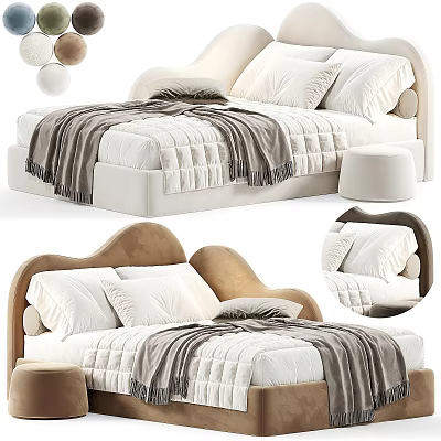 Modern Kids Bed With Soft Upholstered Headboard Cozy Bedding Plush Pillows And Footstool 3d model
