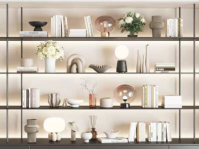 Stylish Decorative Ornament Combination with Shelves Books Vases Lamps and Flower Arrangements 3d model