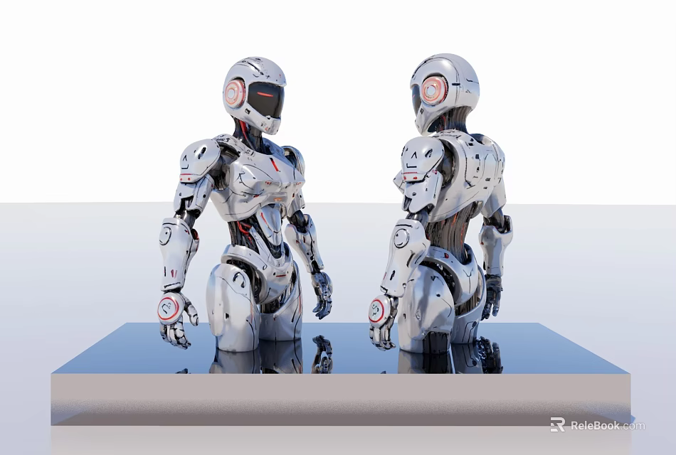 Robot Sculptures With Futuristic Mechanical Design And Reflective Platform Base 3d model