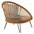Stylish Rattan Leisure Chair With Light Gray Cushion And Black Metal Legs