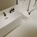Minimalist Modern Bathroom Interior With White Vanity Wall Mounted Shelf Toiletries Beige Walls And Black Accents
