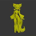 Anime Character With Fox Ears And Tail In White Top Black Overalls And Lace Stockings