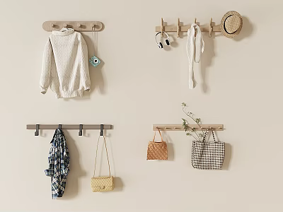 Wooden Wall Hooks With Sweater Headphones Scarf Hats And Bags On Beige Wall 3d model