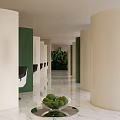 Modern Beauty Hair Salon Interior With White Styling Chairs Marble Floor Large Screen And Green Plants