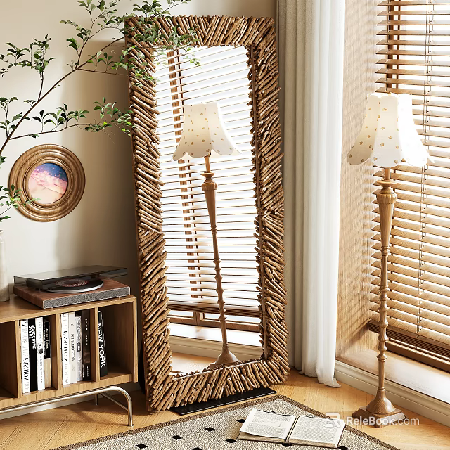 Woven Frame Floor Mirror in Room with Floor Lamps Blinds Bookshelf and Green Plant 3d model 
