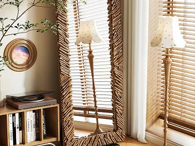 Woven Frame Floor Mirror in Room with Floor Lamps Blinds Bookshelf and Green Plant 3d model