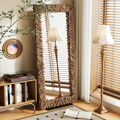 Woven Frame Floor Mirror in Room with Floor Lamps Blinds Bookshelf and Green Plant 3d model