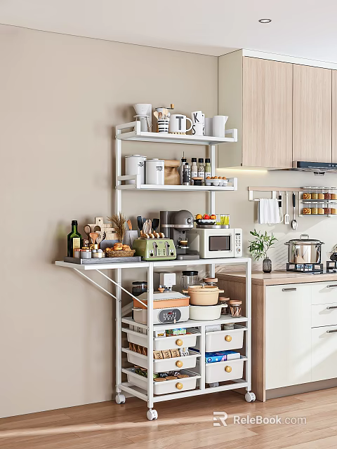 Modern Kitchen Sideboard With Multi Tiered Shelves Holding Mugs Cans And Small Appliances 3d model 