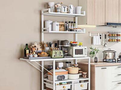Modern Kitchen Sideboard With Multi Tiered Shelves Holding Mugs Cans And Small Appliances 3d model