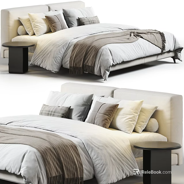 Modern Double Bed with Cozy Quilt Soft Blanket and Multiple Pillows 3d model 