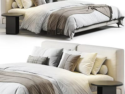 Modern Double Bed with Cozy Quilt Soft Blanket and Multiple Pillows 3d model