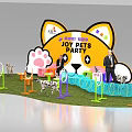 Pet Interaction Area at Joy Pets Party with Colorful Obstacles Dogs and Cat Paw Backdrop