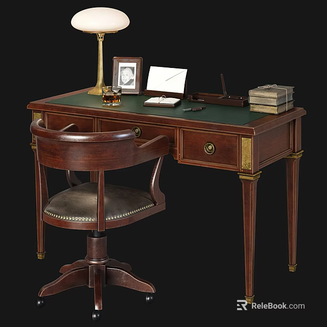 Dark Wooden Desk With Green Top Lamp Photo Frame Notebook Stacked Books And Leather Chair 3d model 
