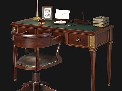 Dark Wooden Desk With Green Top Lamp Photo Frame Notebook Stacked Books And Leather Chair 3d model