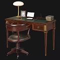 Dark Wooden Desk With Green Top Lamp Photo Frame Notebook Stacked Books And Leather Chair